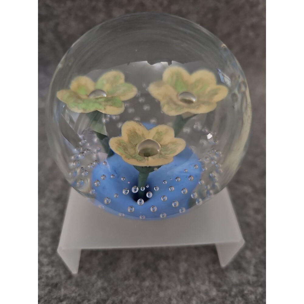 Paperweight Wheaton Village Bullicante Bubbles Yellow Flowers Stamped JS